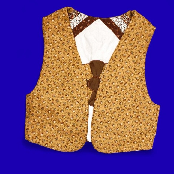 Vintage 70’s Handmade Brown Cream Patchwork Floral Cottage Reversible Vest - Picture 5 of 8